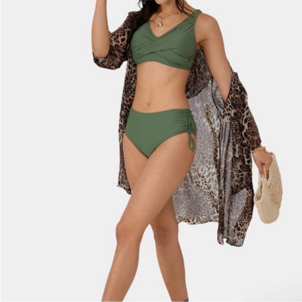 NWT Halara Olive Green Twist-Front Bikini Top with Tie-Side Bottoms
